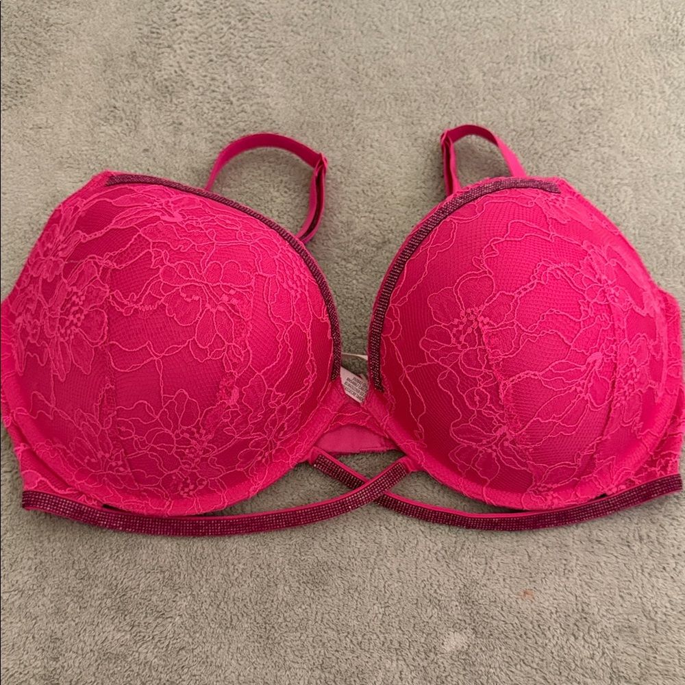 Victoria's Secret Hot Pink Lace Push-Up Bra with Strappy Detail